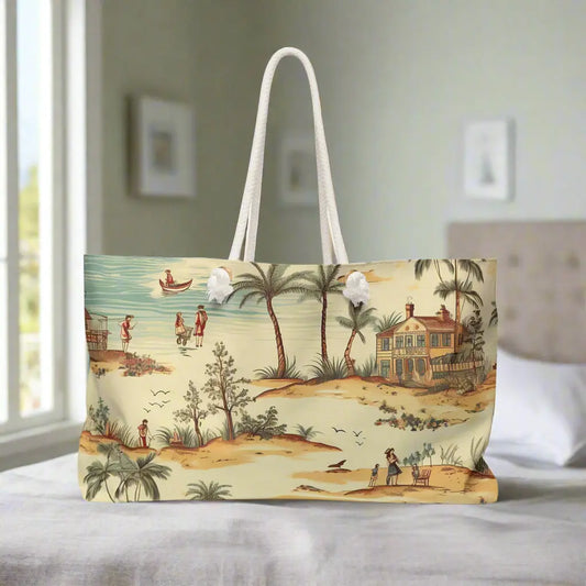 Our Vintage Beach Weekender Tote Bag constructed from a durable material with a rope handle with metal grommets featuring a vintage beach scene. 