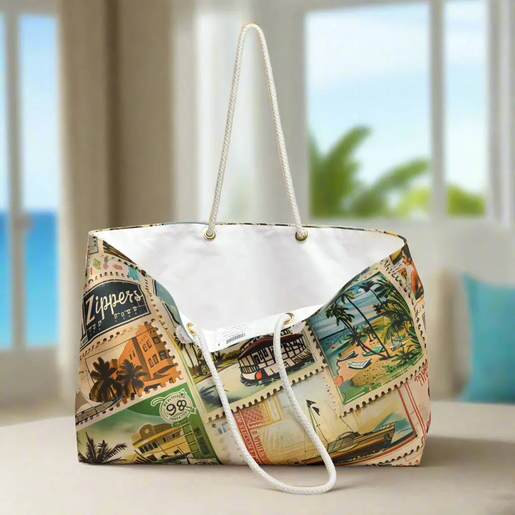 Our Vintage Traveler Weekender Tote Bag constructed from a durable material with a rope handle with metal grommets featuring an array of vintage stamps. 