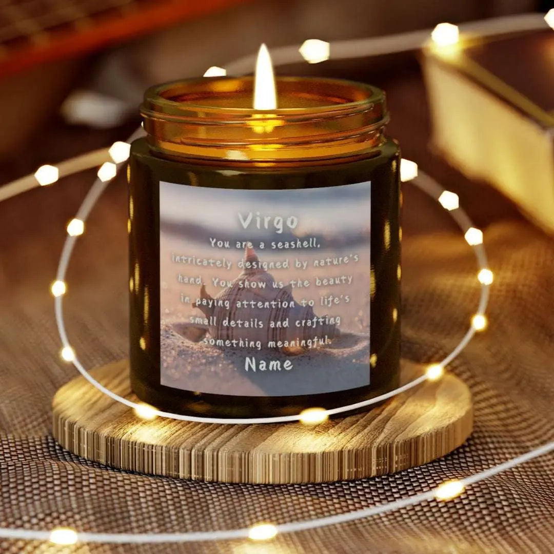 Elegant Virgo Zodiac hand-poured coconut apricot wax scented candle in a 4 oz amber glass jar, featuring a Seashell in the sand with waves coming in and an inspirational quote personalized. A beach-inspired astrology gift, perfect for relaxation and decor.