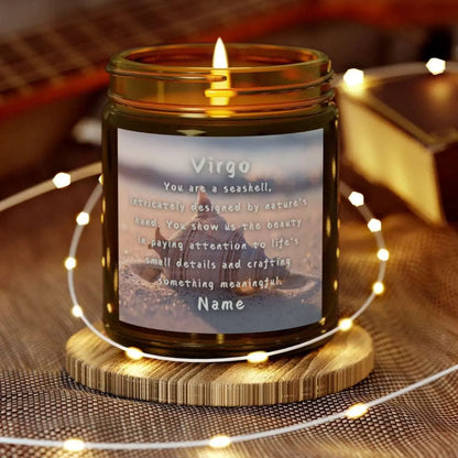 Elegant Virgo Zodiac hand-poured coconut apricot wax scented candle in a 9 oz amber glass jar, featuring a Seashell in the sand with waves coming in and an inspirational quote personalized. A beach-inspired astrology gift, perfect for relaxation and decor.