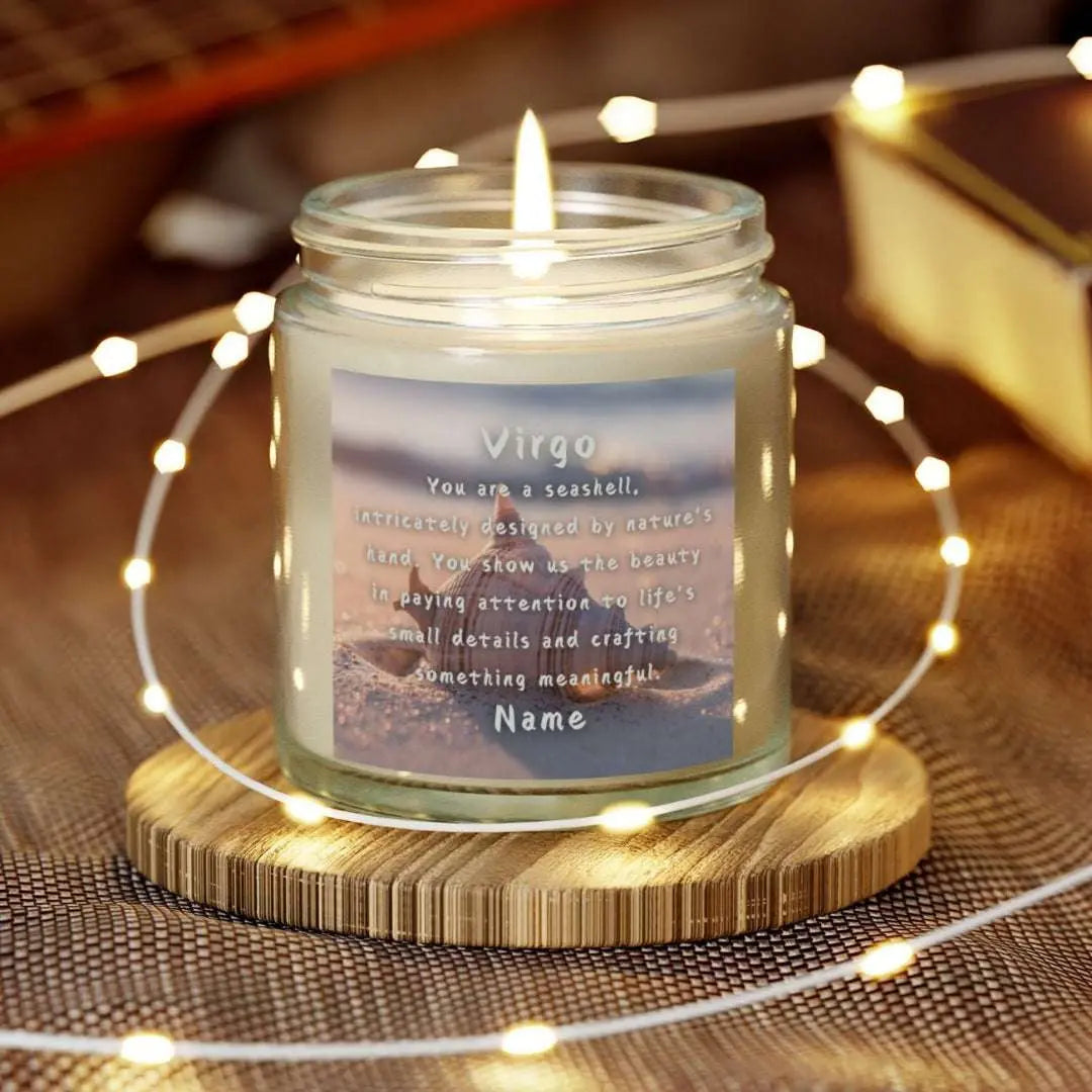 Elegant Virgo Zodiac hand-poured coconut apricot wax scented candle in a 4 oz clear glass jar, featuring a Seashell in the sand with waves coming in and an inspirational quote personalized. A beach-inspired astrology gift, perfect for relaxation and decor.