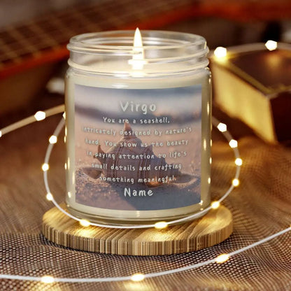 Elegant Virgo Zodiac hand-poured coconut apricot wax scented candle in a 9 oz clear glass jar, featuring a Seashell in the sand with waves coming in and an inspirational quote personalized. A beach-inspired astrology gift, perfect for relaxation and decor.