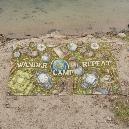 A beach towel with camping-themed design with text Wander Camp Repeat.
