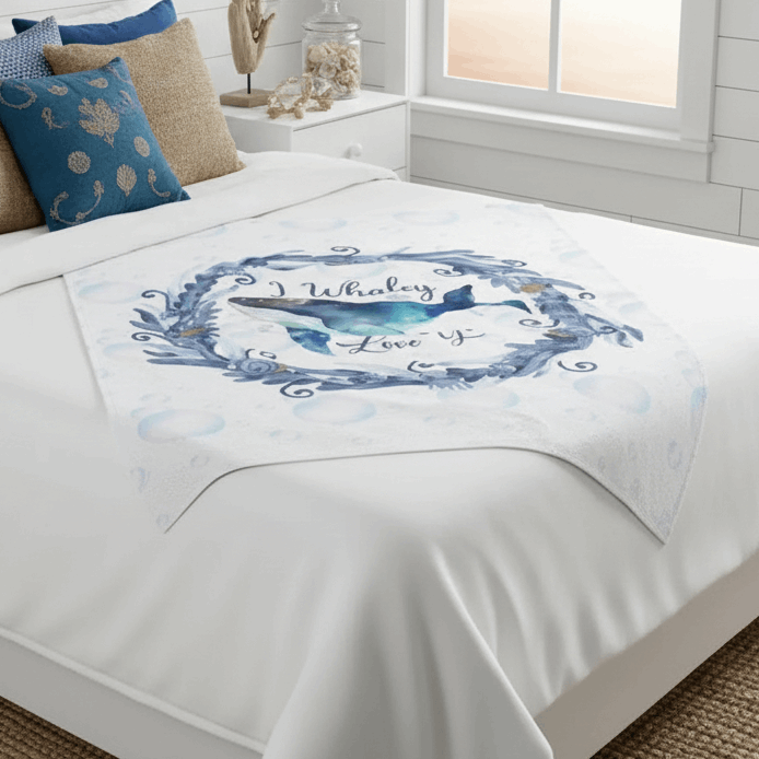 Blanket with whale design and 'I Whaley Love You' text on a bed in a bedroom setting.