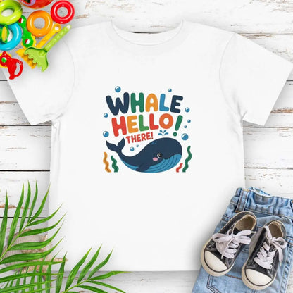 Whale Hello Toddler's White T-shirt with a fun whale swimming under the text with water bubbles.