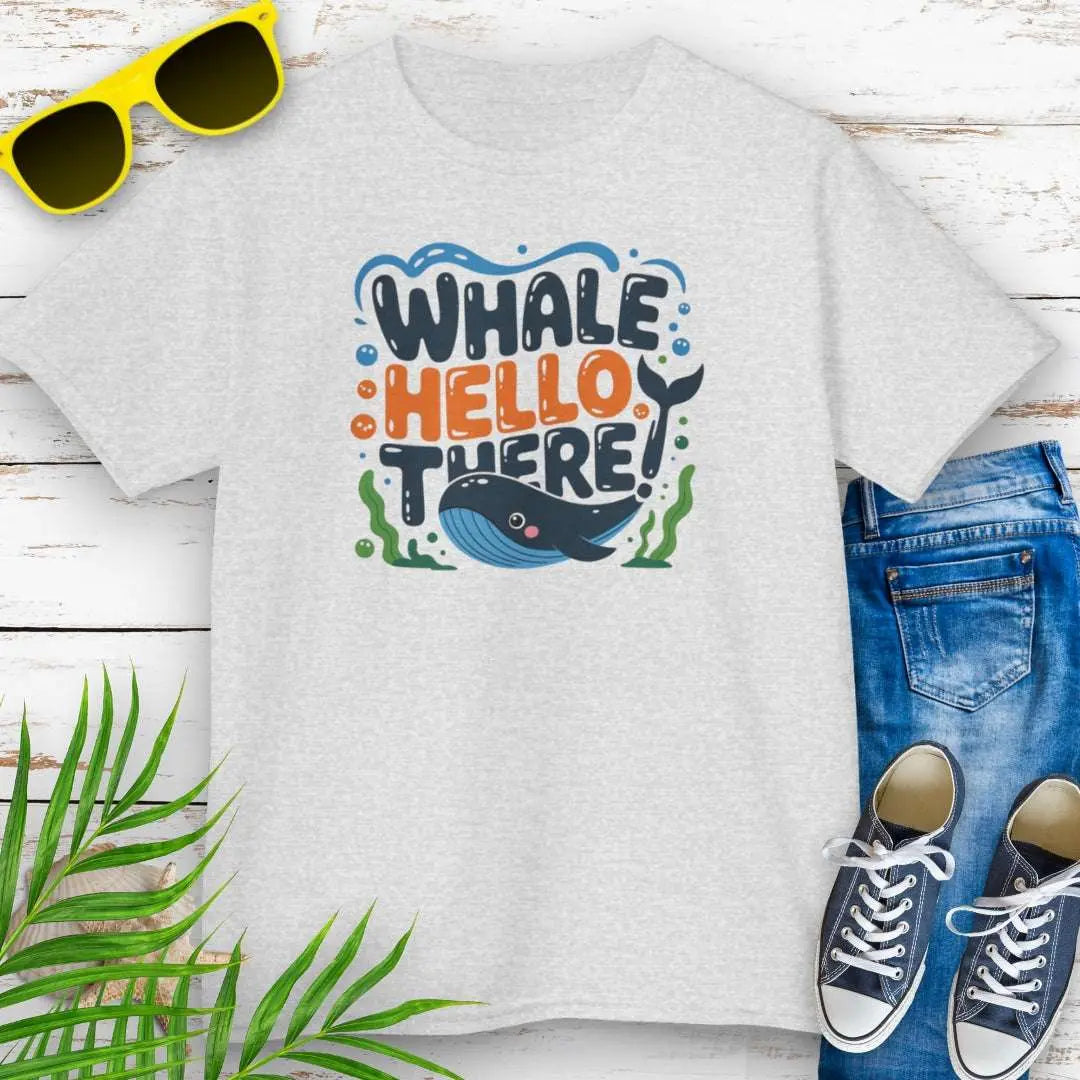 Whale Hello Child's Ash T-Shirt with a fun whale swimming under the text with water bubbles and seaweed.