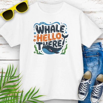 Whale Hello Child's White T-Shirt with a fun whale swimming under the text with water bubbles and seaweed.