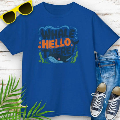 Whale Hello Child's T-Shirt Royal Blue T-Shirt with a fun whale swimming under the text with water bubbles and seaweed.