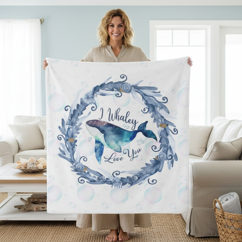 Woman holding a blanket with a whale design and text in a living room.
