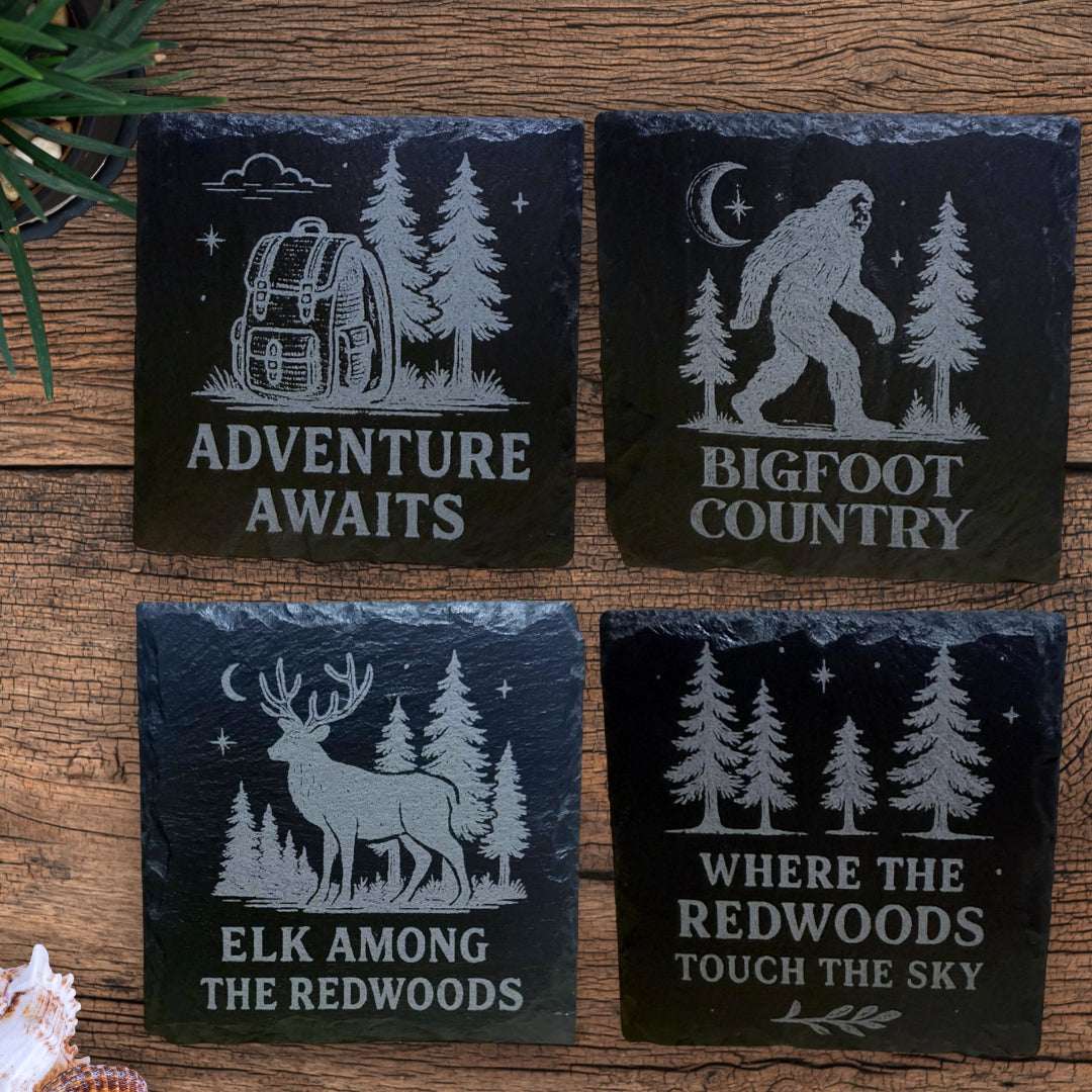 Four dark slate coasters with white engravings of nature-themed designs on a wooden surface.