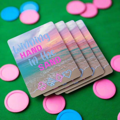 52 deck playing cards with sunset beach scene in blues and pinks with neon suits on the bottom and text Winning Hand in the Sand