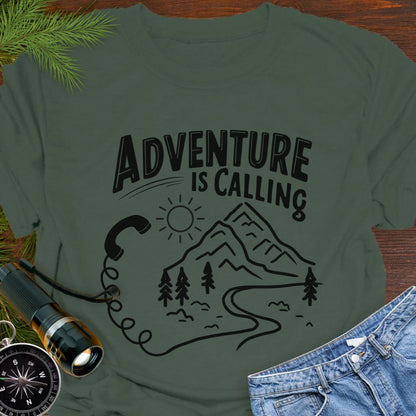 Military Green Adventure is Calling with mountain range and phone handset with cord blending into hiking trail.