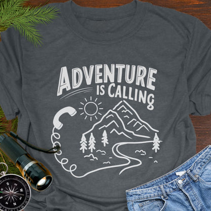 Dark Heather Adventure is Calling with mountain range and phone handset with cord blending into hiking trail.