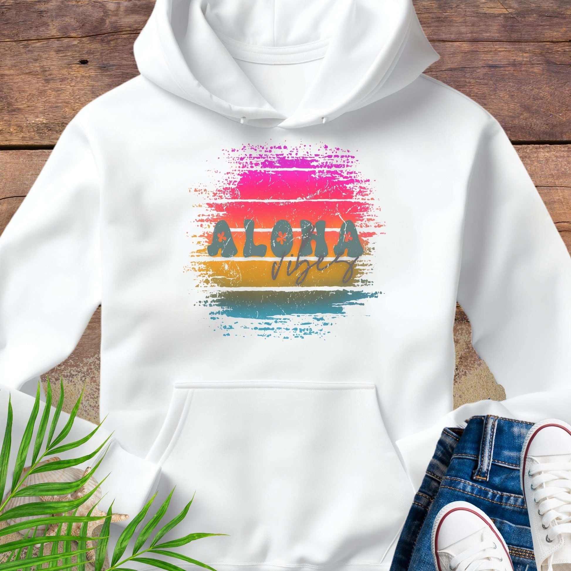 White Unisex beach hoodie with vintage sunset aloha design.