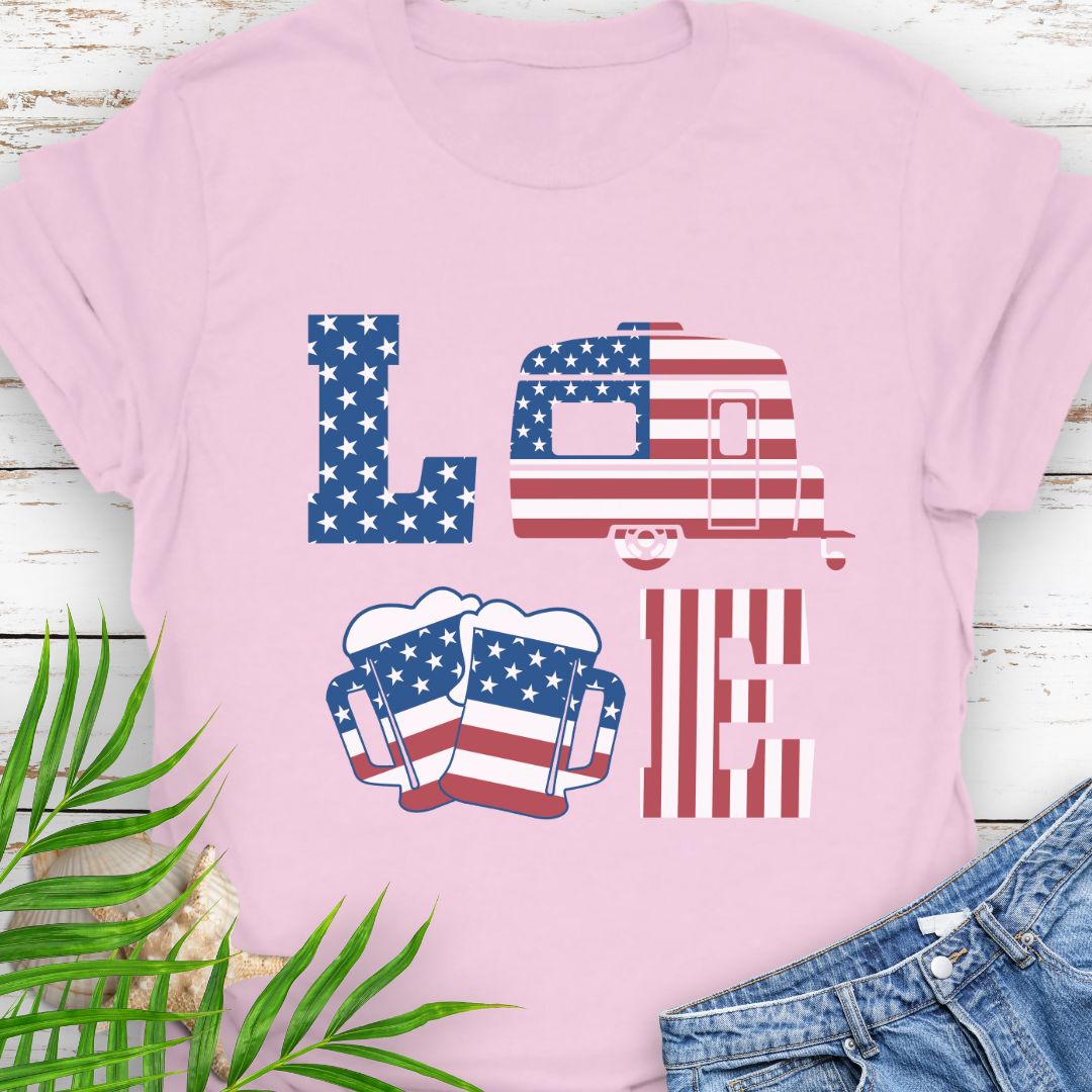 Light Pink T-shirt with patriotic LOVE design: blue star-patterned L, American flag camper as O, beer mugs forming V, and red-striped E – playful 4th of July theme.