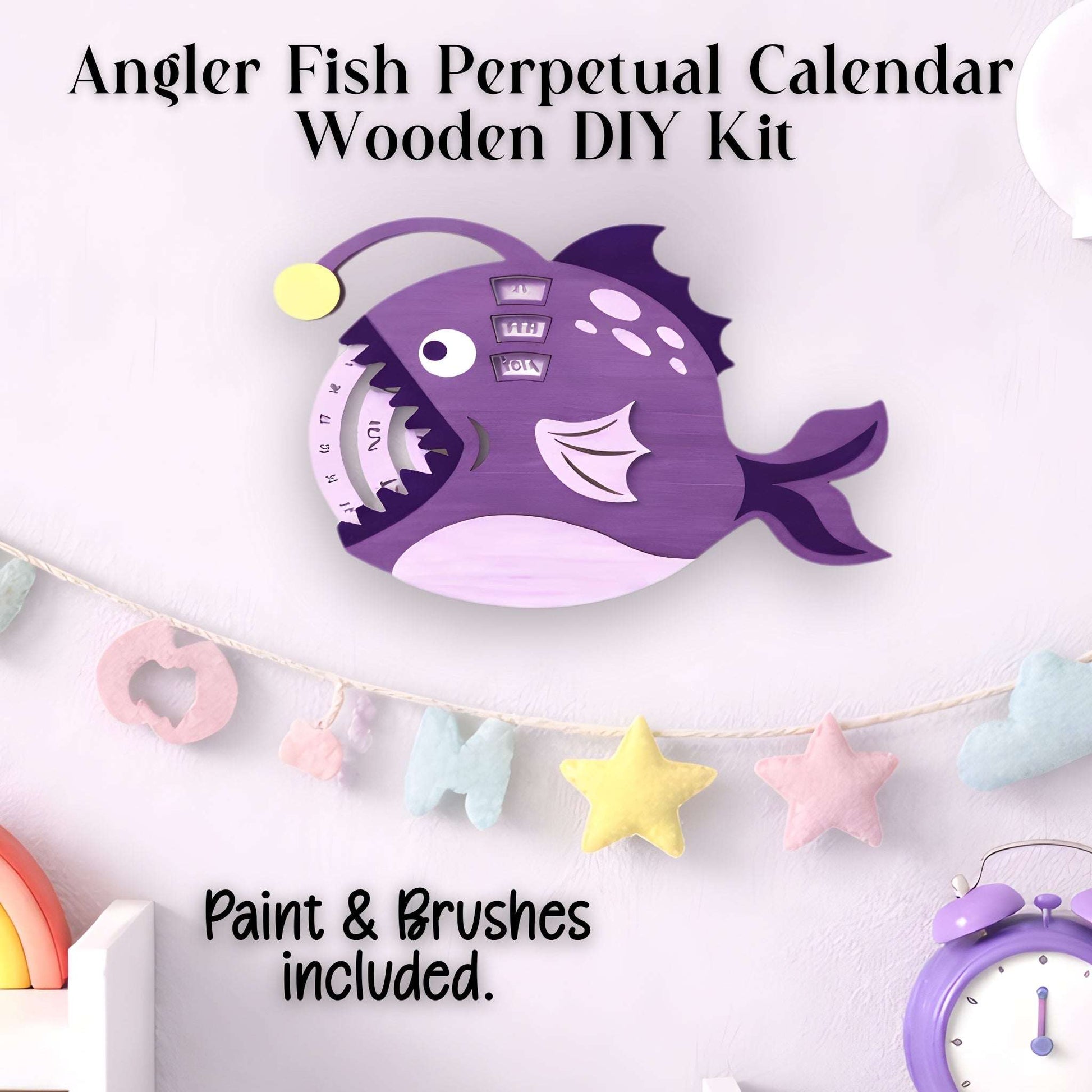 Purple angler fish perpetual calendar DIY kit with paint and brushes included shown completed.