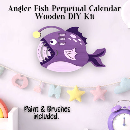 Purple angler fish perpetual calendar DIY kit with paint and brushes included shown completed.