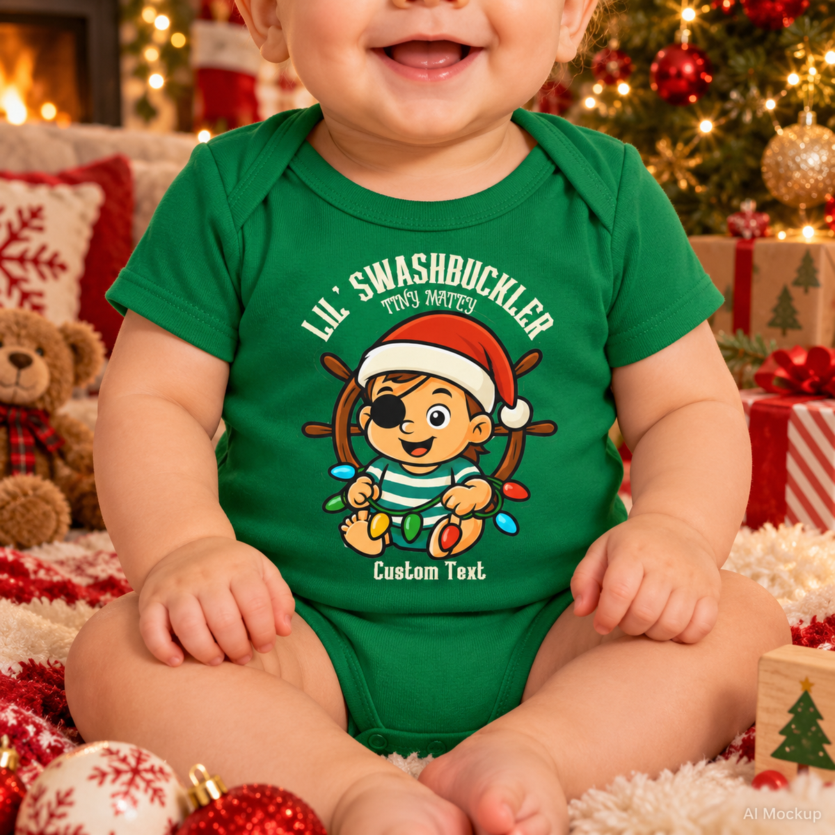 A baby boy wearing a Green Swashbuckler Baby Boy Pirate Christmas Bodysuit that can be Personalized