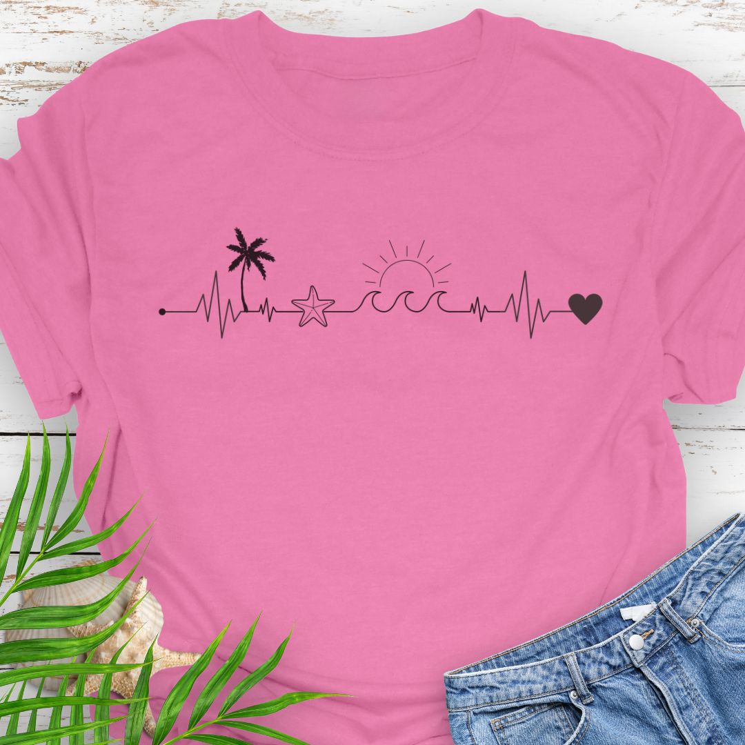 Azalea T-shirt with heartbeat line featuring palm tree, starfish, and ocean wave.