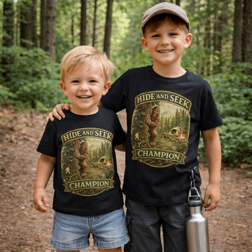 Two children wearing 'Hide and Seek Champion' t-shirts in a forest setting.