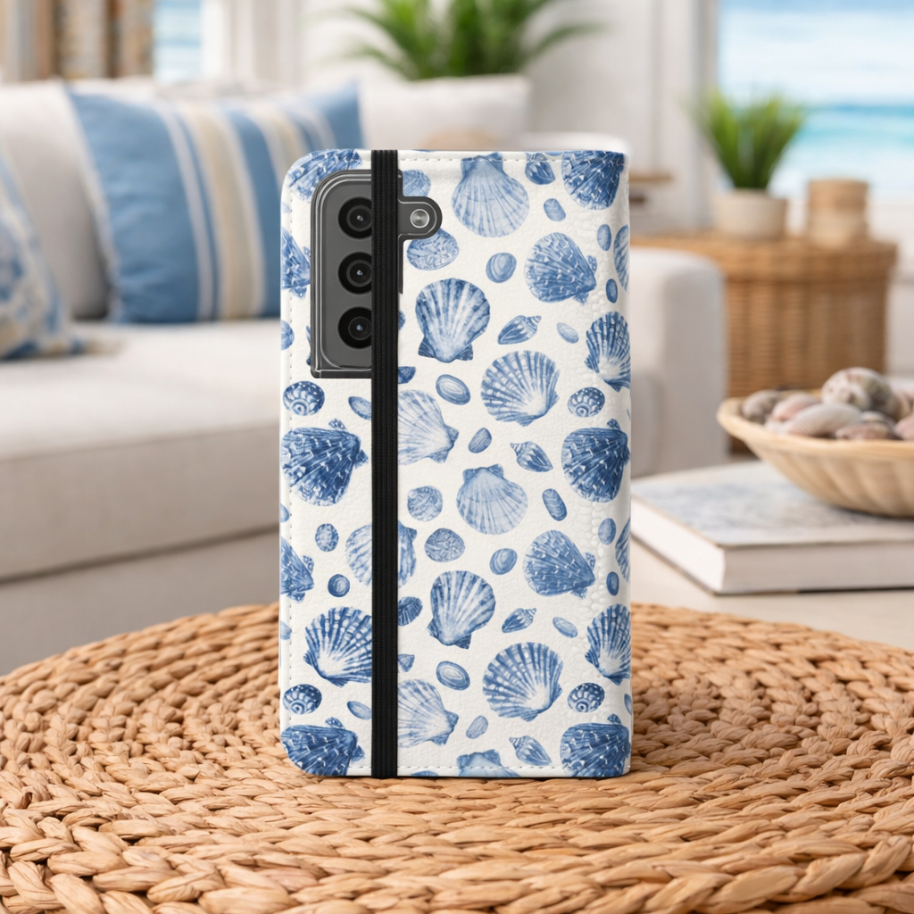 Personalized flip phone case with hand-drawn blue seashell pattern on faux leather