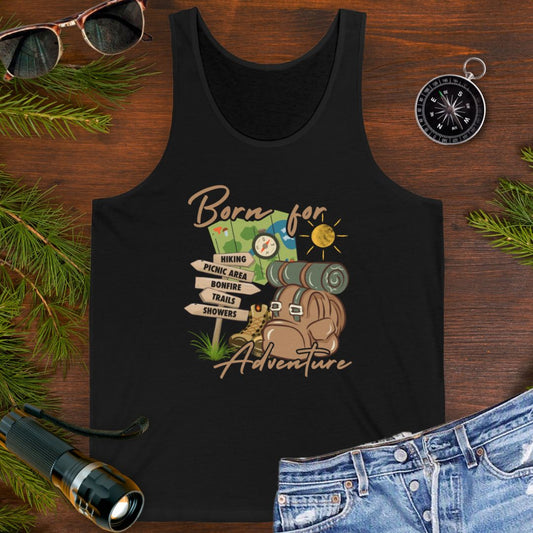 Black Unisex Tank top with hiking gear and trail-themed design for outdoor lovers. 