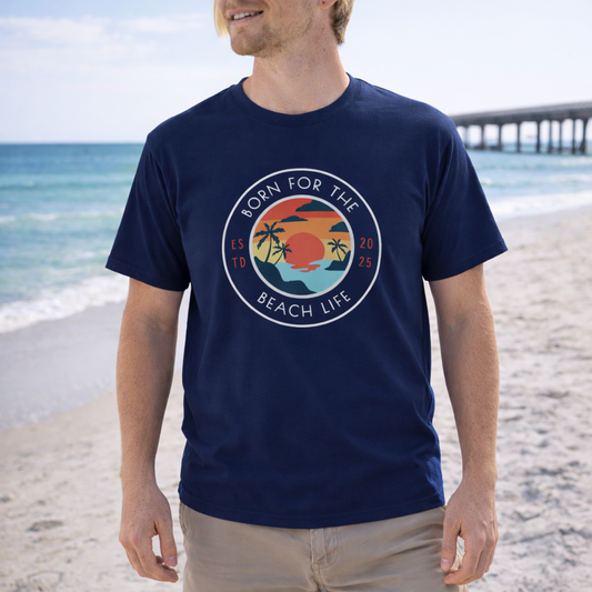 Man wearing a navy blue t-shirt with a beach-themed design Born for the Beach Life.