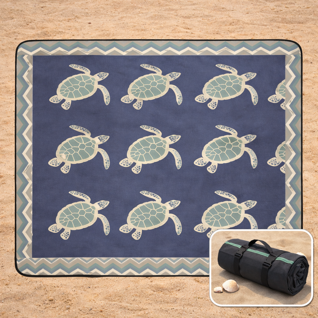 An outdoor beach blanket with sea turtles and chevron frame with a smaller inset showing it rolled-up as a tote.and shells.