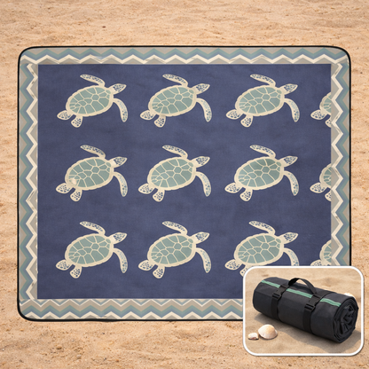 An outdoor beach blanket with sea turtles and chevron frame with a smaller inset showing it rolled-up as a tote.and shells.