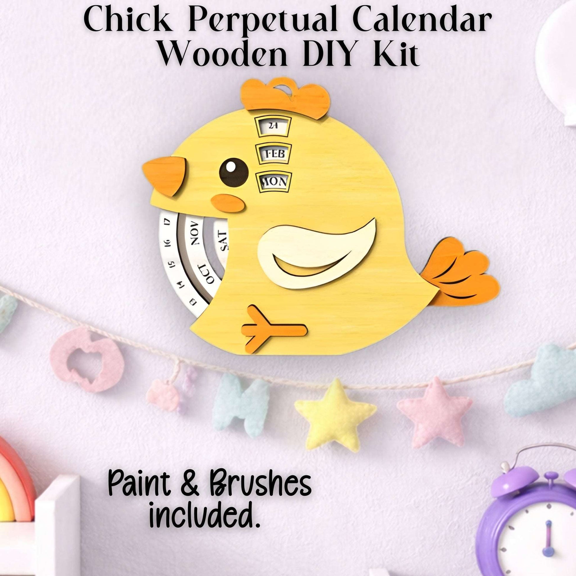 Yellow chick-shaped perpetual calendar DIY kit with paint and brushes completed.