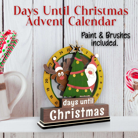 Advent calendar with Santa, reindeer, and Christmas tree design on a wooden shelf DIY Kit.