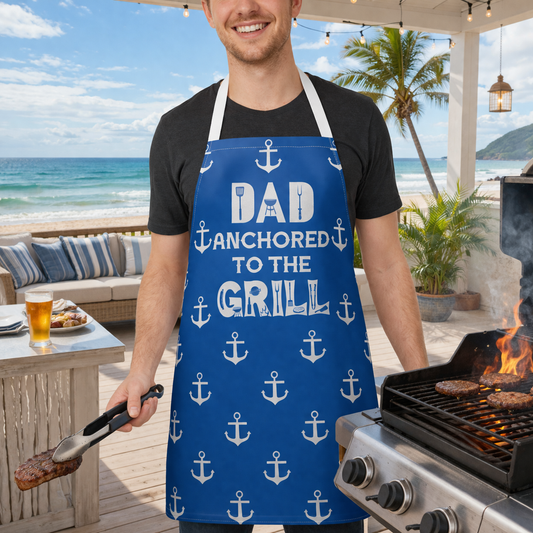 Man grilling outdoors wearing a blue apron with 'Dad Anchored to the Grill' text and anchor pattern.