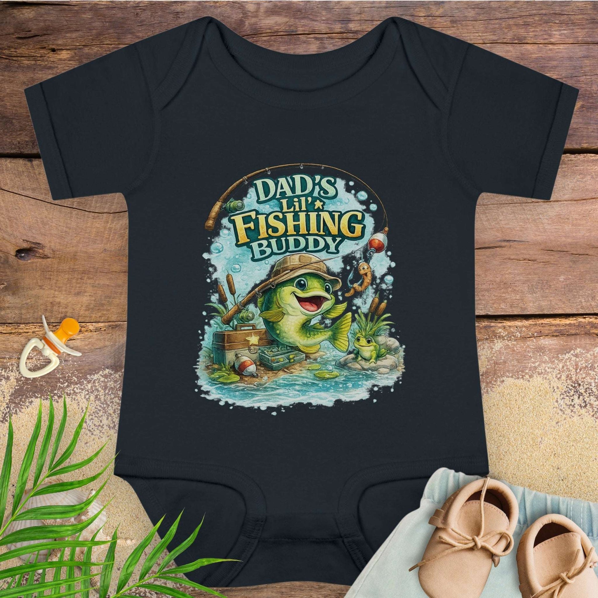 Black baby onesie with 'Dad's Lil' Fishing Buddy' design.