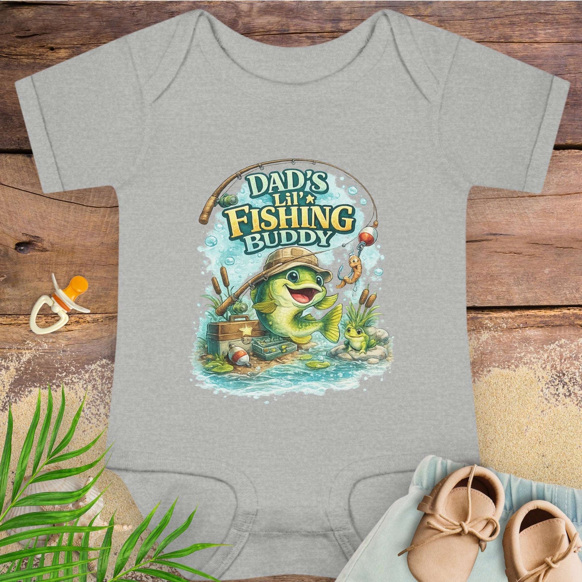 Gray baby onesie with 'Dad's Lil' Fishing Buddy' design.