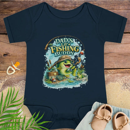 Navy blue baby onesie with 'Dad's Lil' Fishing Buddy' design.