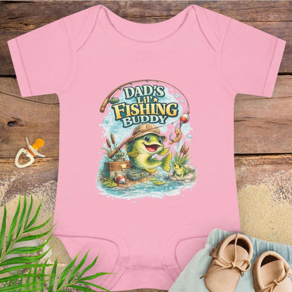 Pink baby onesie with 'Dad's Lil' Fishing Buddy' design.