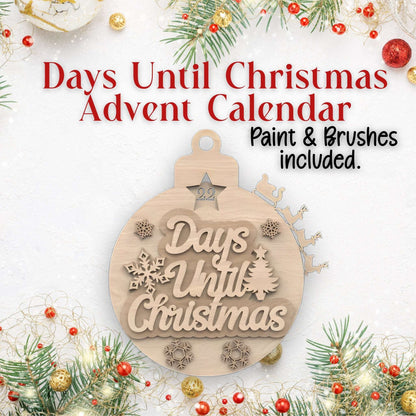 Wooden advent calendar ornament with 'Days Until Christmas' text DIY kit with paint and brushes included.