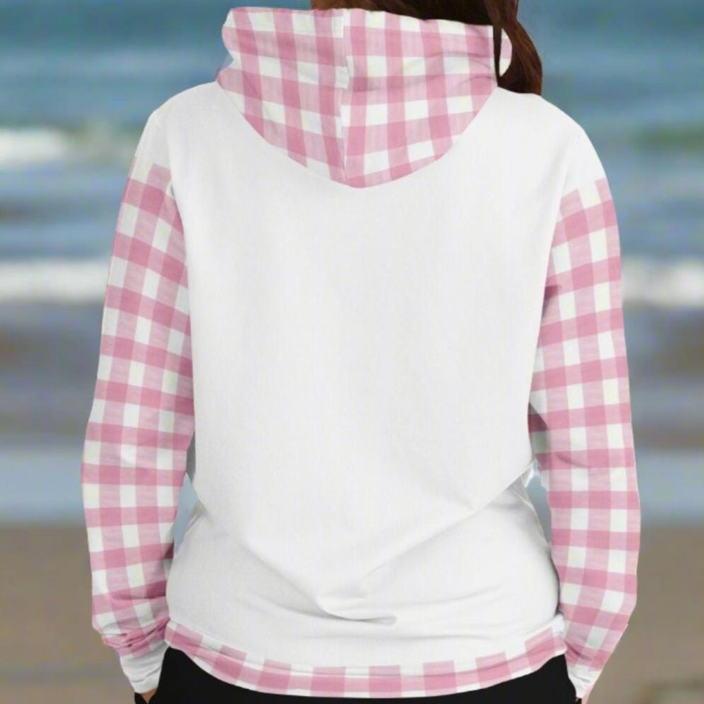 Back of Custom Woman's hoodie with white front and back and pink and white gingham sleeves, kangaroo pouch and hoodie that says Living in a Beachy World in fancy font