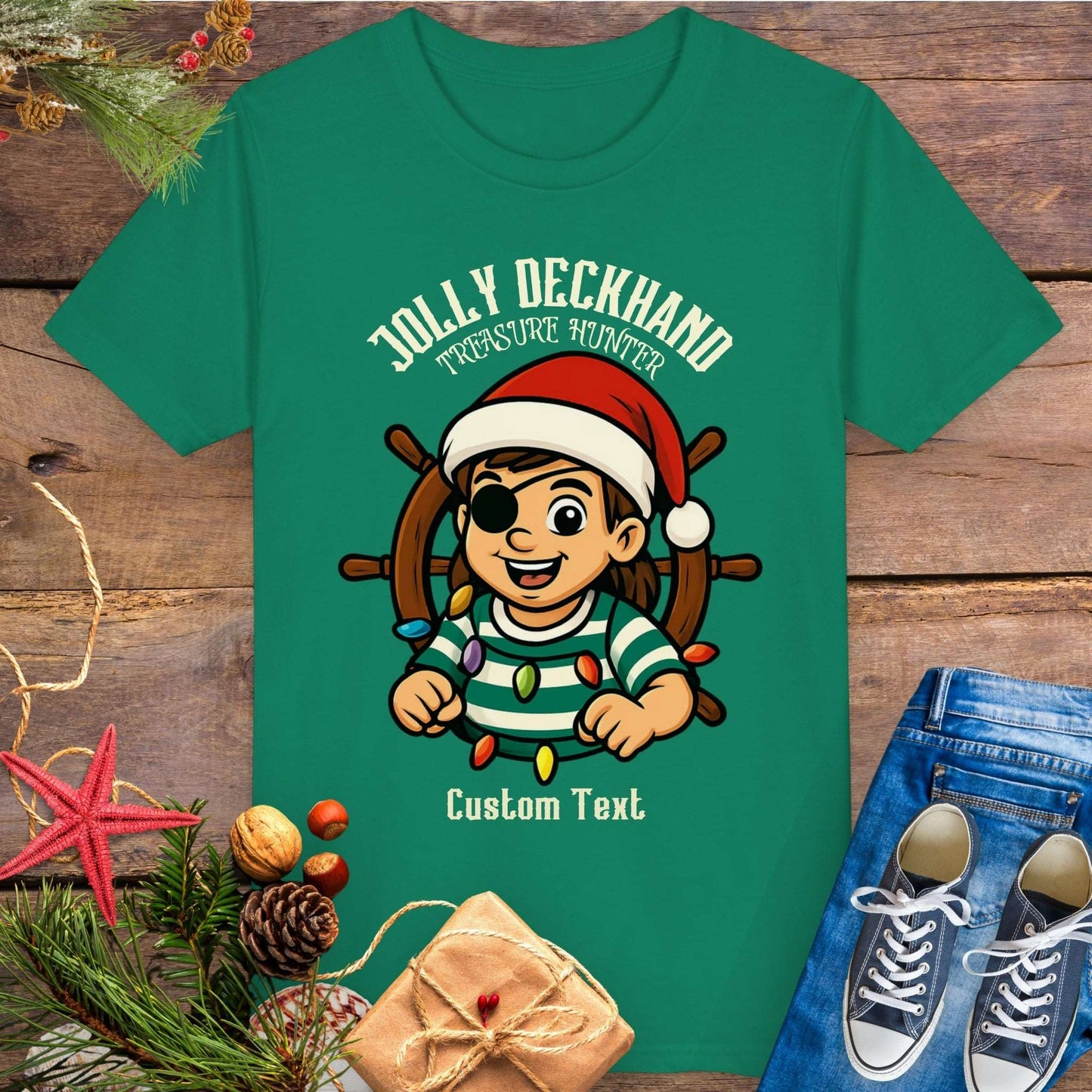 Green with Christmas-themed design featuring a cartoon girl pirate character and text 'Jolly Deckhand Treasure Hunter' that can be personalized.