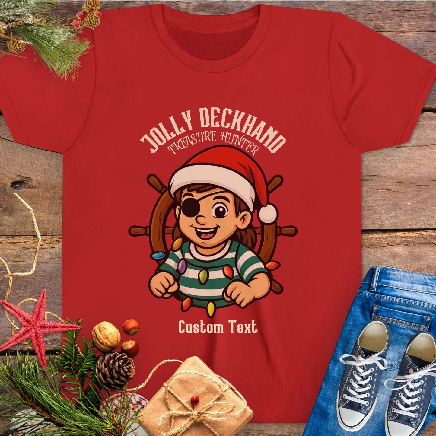 Red with Christmas-themed design featuring a cartoon girl pirate character and text 'Jolly Deckhand Treasure Hunter' that can be personalized.