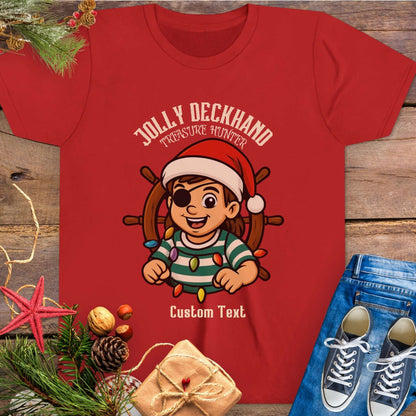 Red with Christmas-themed design featuring a cartoon girl pirate character and text 'Jolly Deckhand Treasure Hunter' that can be personalized.