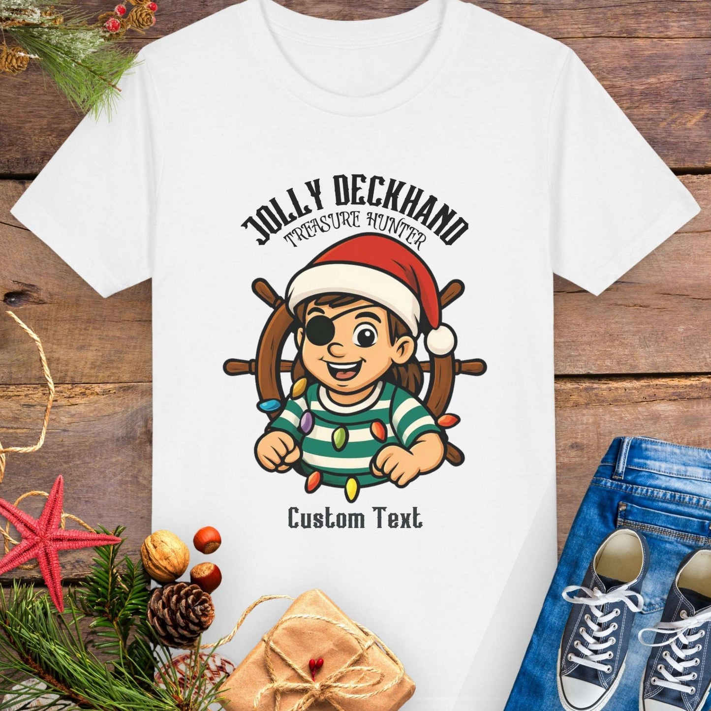 White with Christmas-themed design featuring a cartoon girl pirate character and text 'Jolly Deckhand Treasure Hunter' that can be personalized.