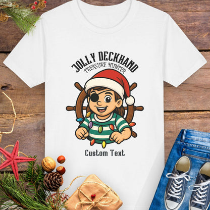 White with Christmas-themed design featuring a cartoon girl pirate character and text 'Jolly Deckhand Treasure Hunter' that can be personalized.