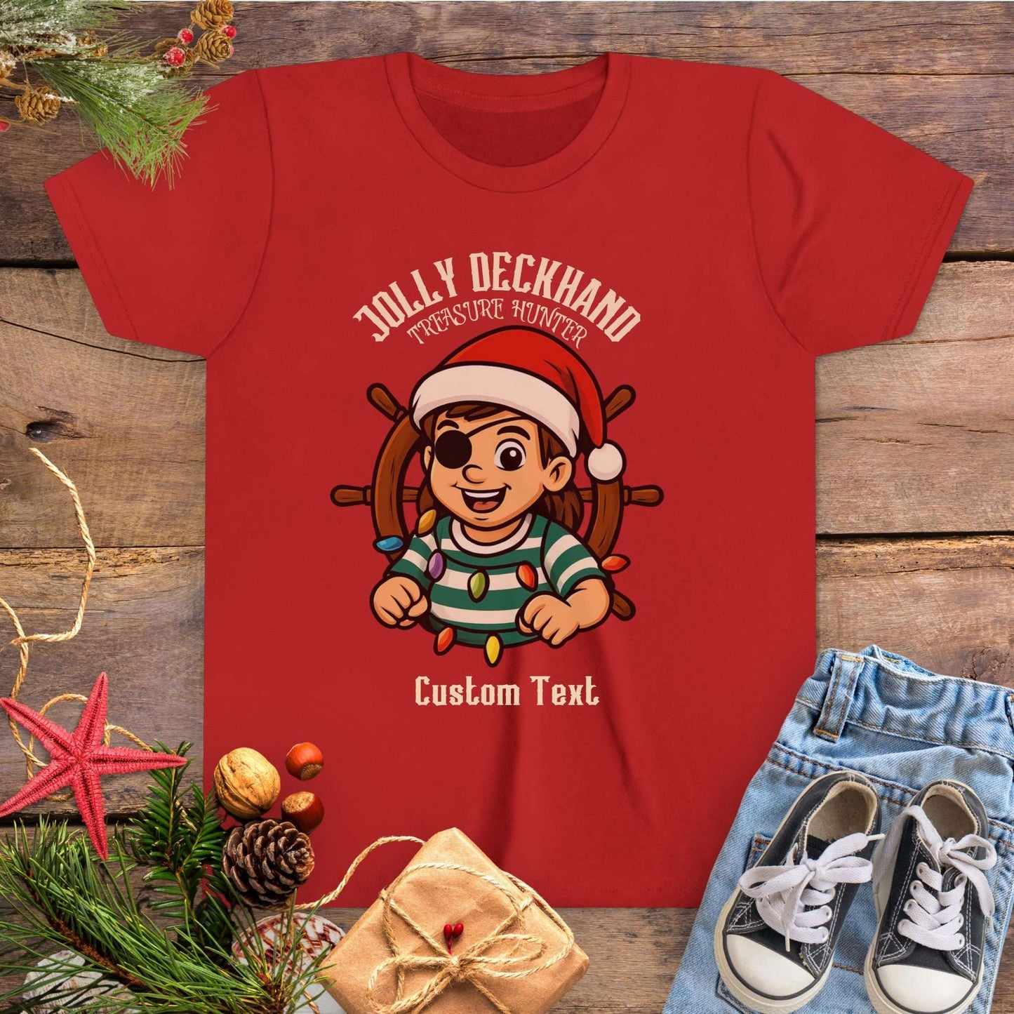 Red with Christmas-themed design featuring a cartoon girl pirate character and text 'Jolly Deckhand Treasure Hunter' that can be personalized.