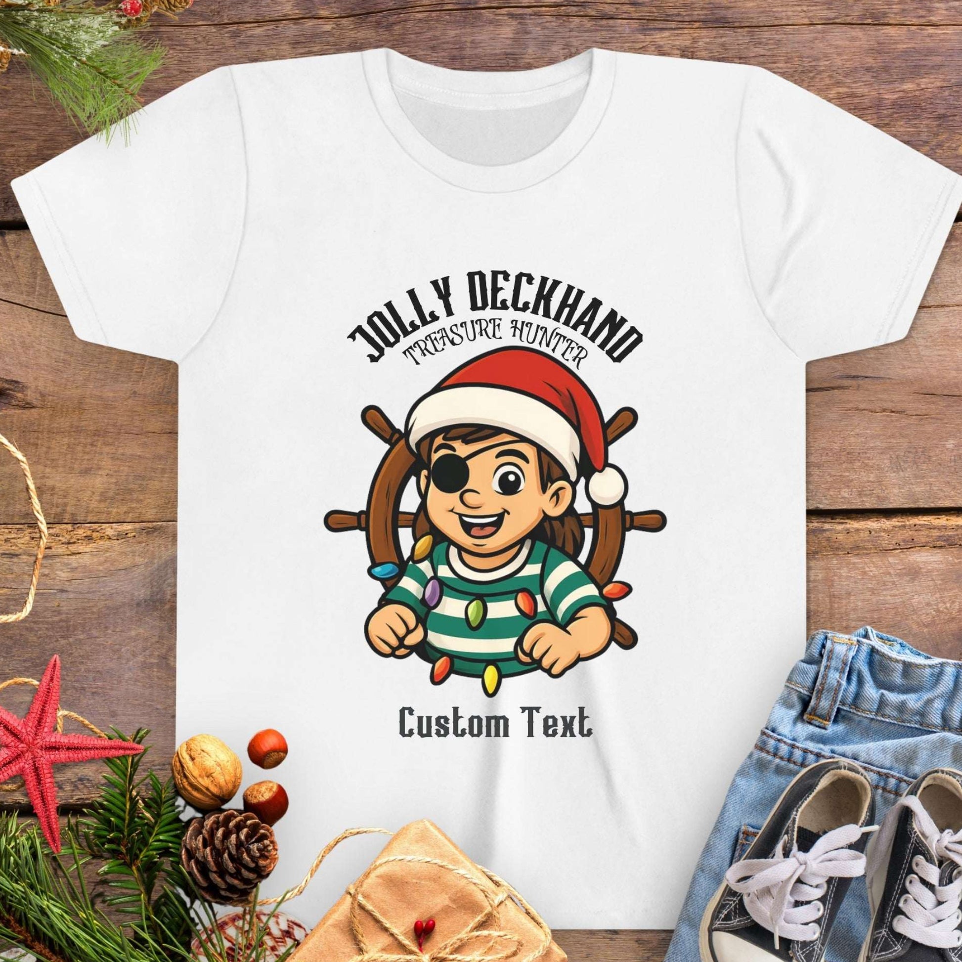 White with Christmas-themed design featuring a cartoon girl pirate character and text 'Jolly Deckhand Treasure Hunter' that can be personalized.