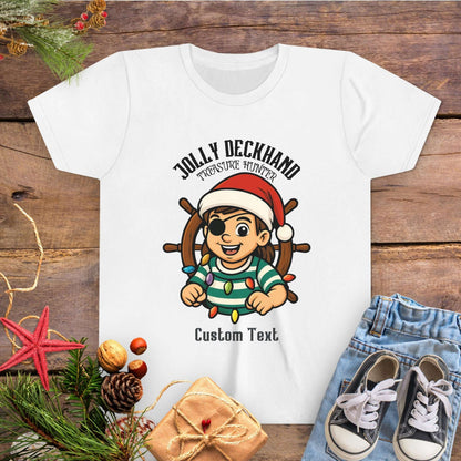White with Christmas-themed design featuring a cartoon girl pirate character and text 'Jolly Deckhand Treasure Hunter' that can be personalized.