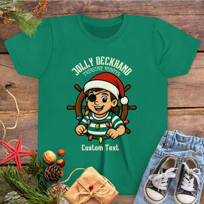 Green with Christmas-themed design featuring a cartoon girl pirate character and text 'Jolly Deckhand Treasure Hunter' that can be personalized.