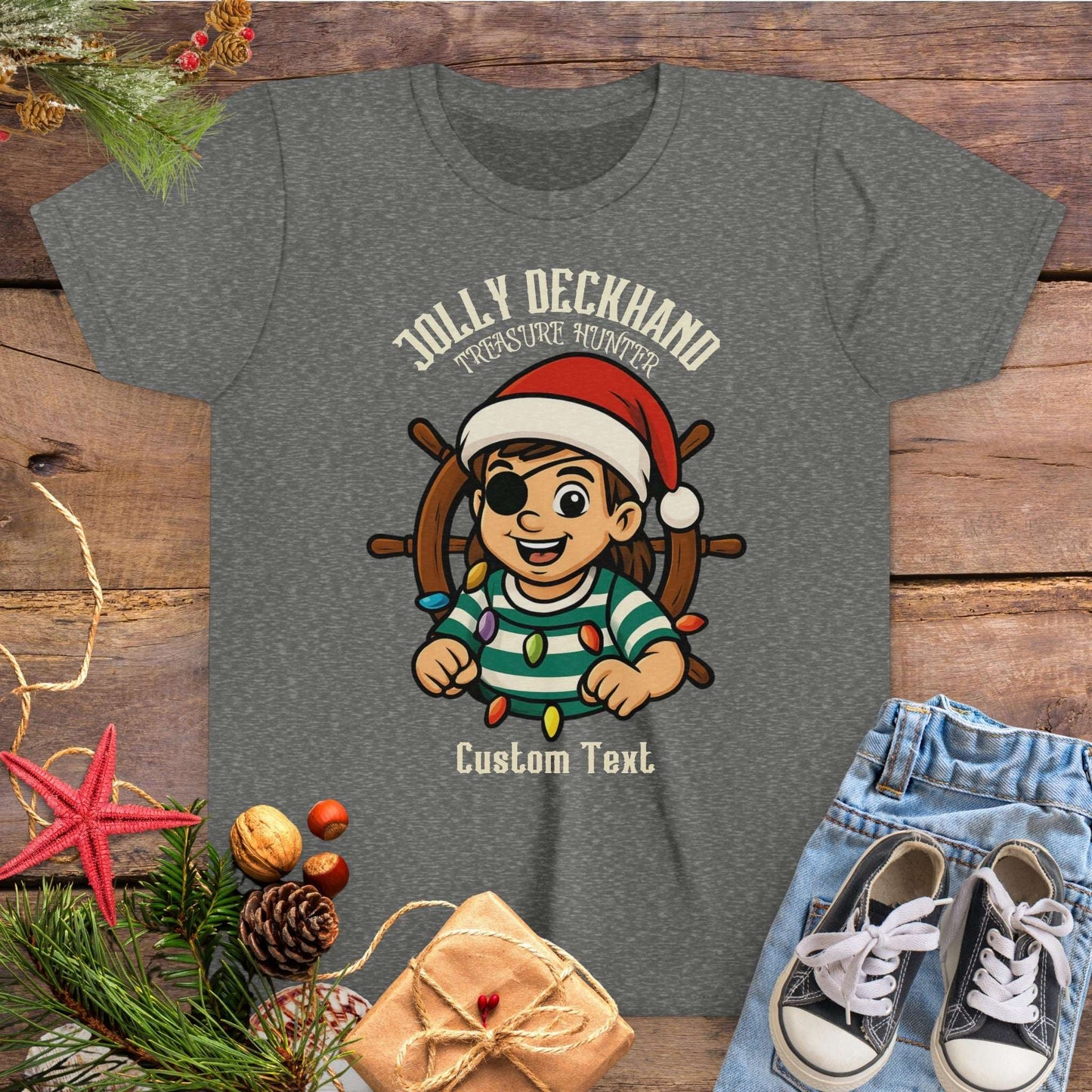 Gray with Christmas-themed design featuring a cartoon girl pirate character and text 'Jolly Deckhand Treasure Hunter' that can be personalized.