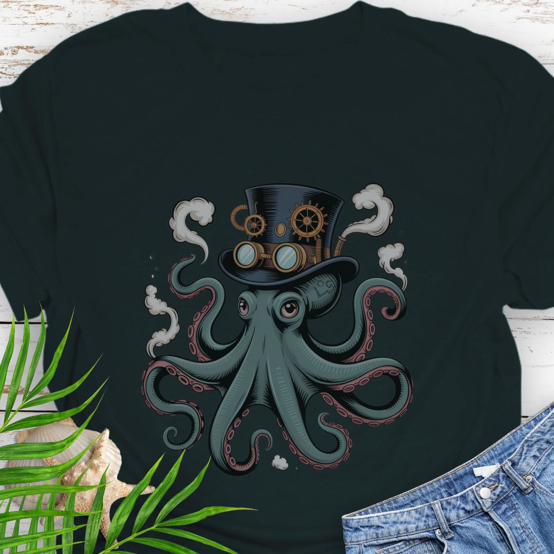 Black T-shirt featuring a steampunk-style octopus with gears, tentacles, and mechanical detailing.