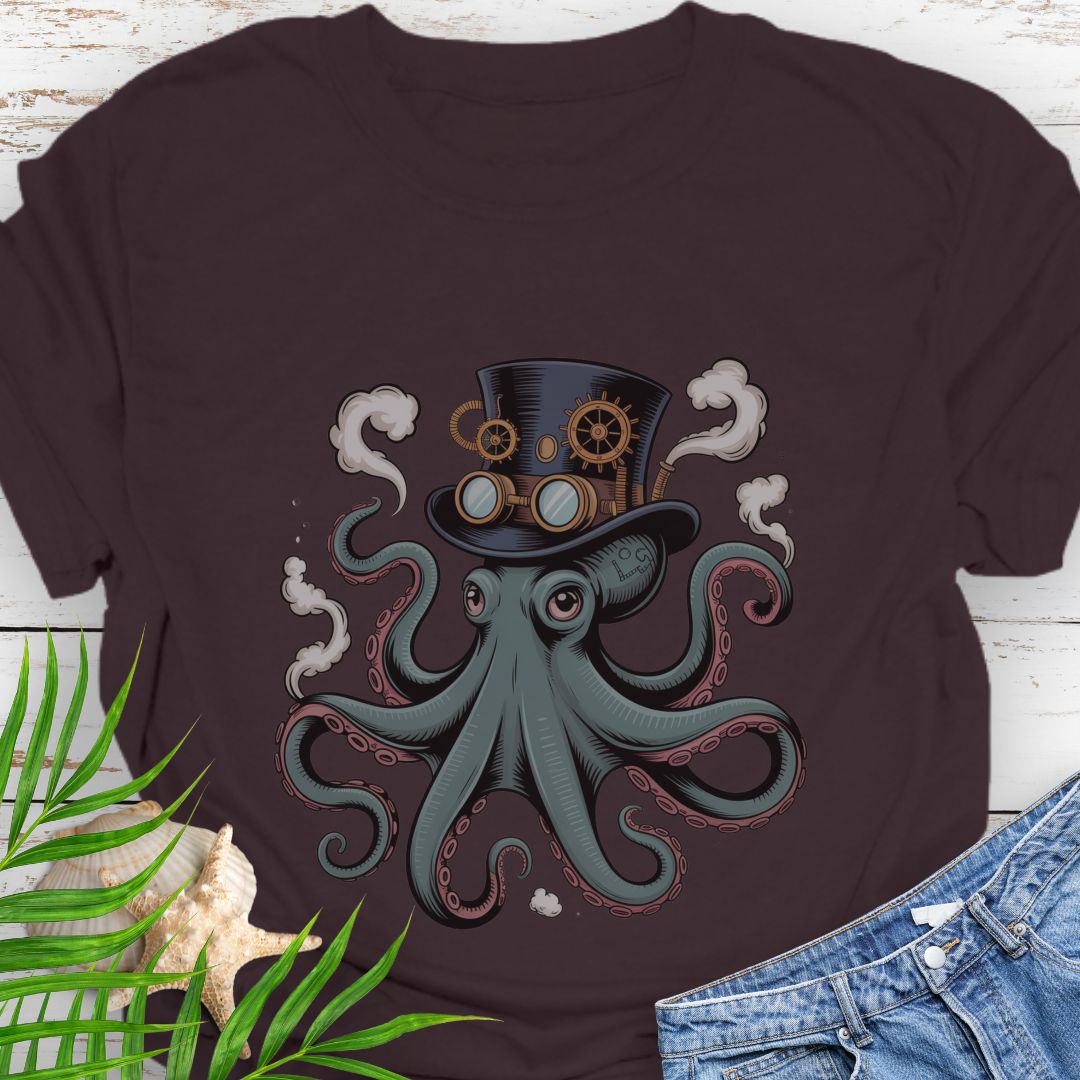 Chocolate Brown T-shirt featuring a steampunk-style octopus with gears, tentacles, and mechanical detailing.